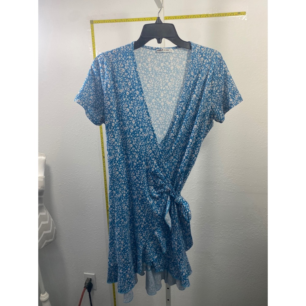 MSBASIC‎ Blue Floral Wrap Mini Dress Short Sleeve Ditsy Flower V-Neck Size L